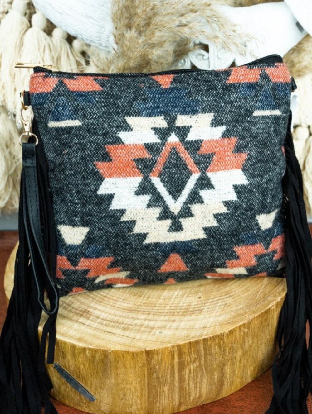 NWT Black Trendy Aztec Patterned Crossbody/Wristlet Bag